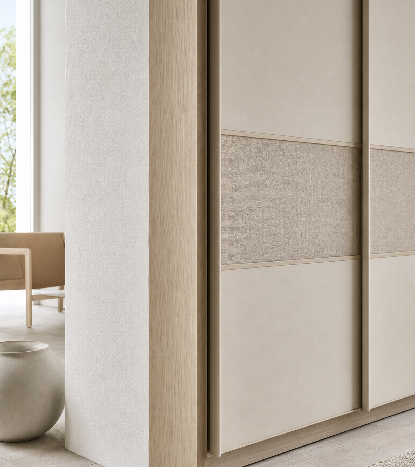 Fadior Elementum Wardrobe Suite with Talc Sliding Wardrobe Portal — close-up of stainless steel finish and hardware detail