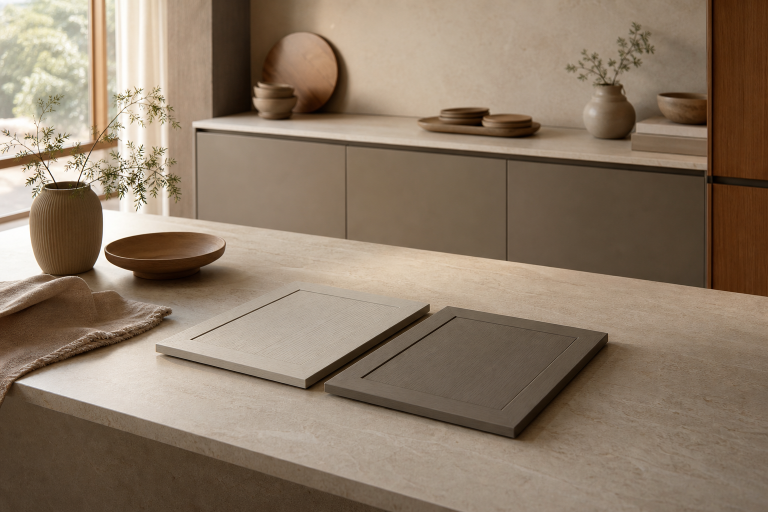 Calm family kitchen context with breakfast nook, warm wood accents, and restrained residential lighting.