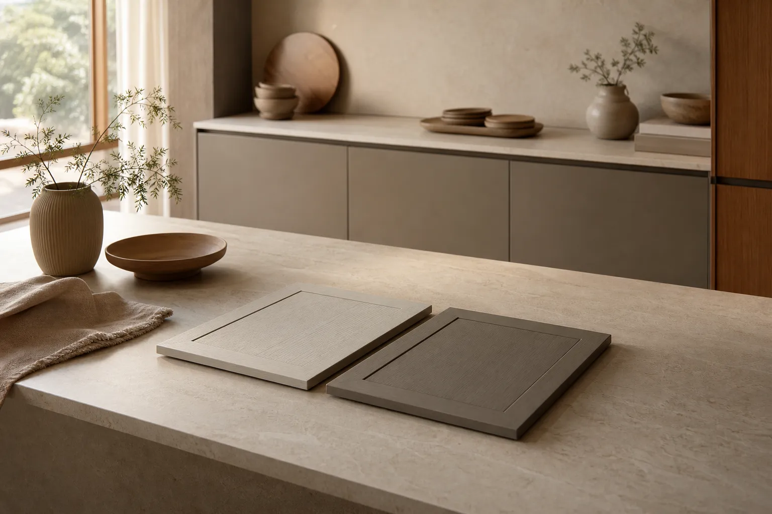 Calm family kitchen context with breakfast nook, warm wood accents, and restrained residential lighting.