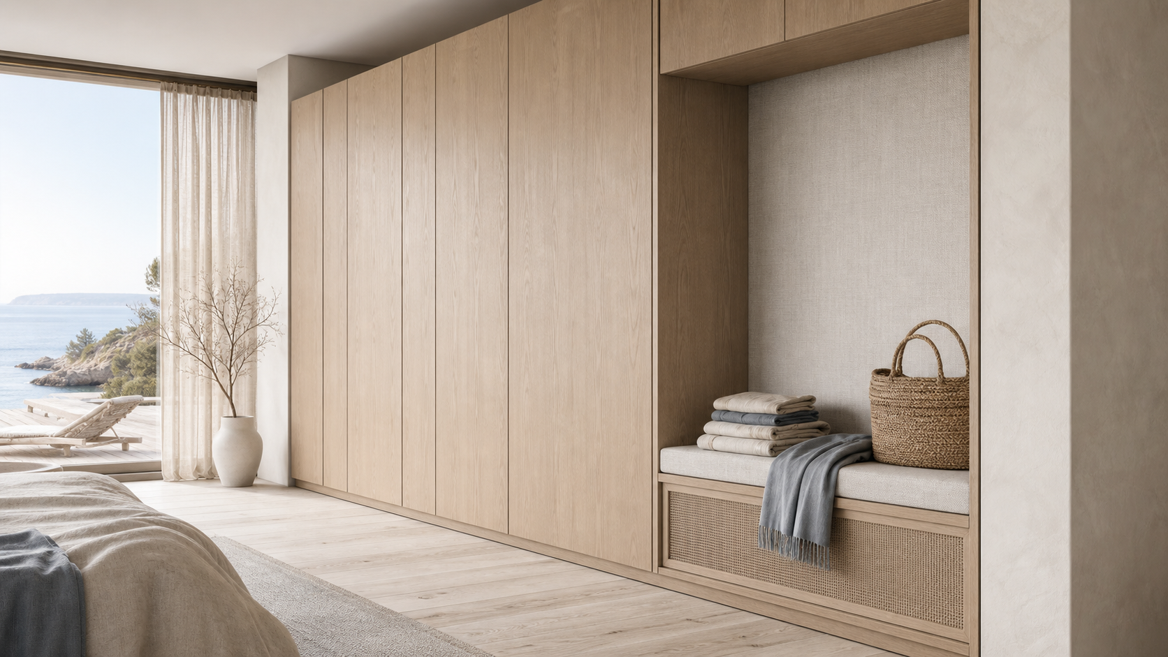 Fadior Onyx Wardrobe Suite with Cane Plinth Packing Wall — lifestyle setting with natural light and residential styling