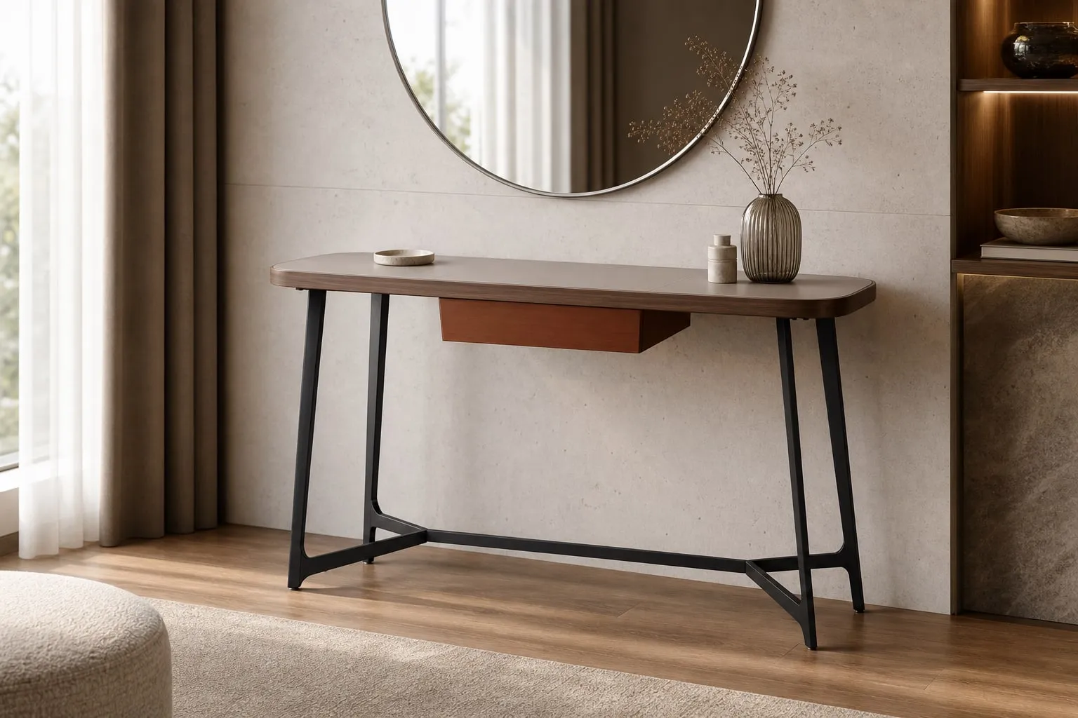 Movable-Mirror Saddle Leather Dressing Table