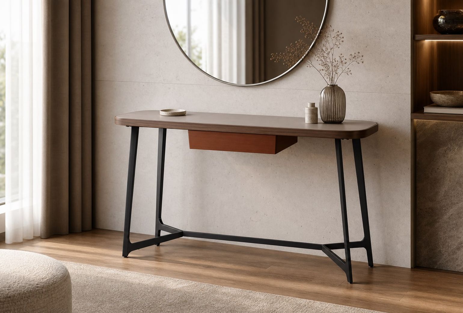 Leather-Accent Dressing Table (Microfiber saddle leather) styled in a FADIOR HOME interior setting