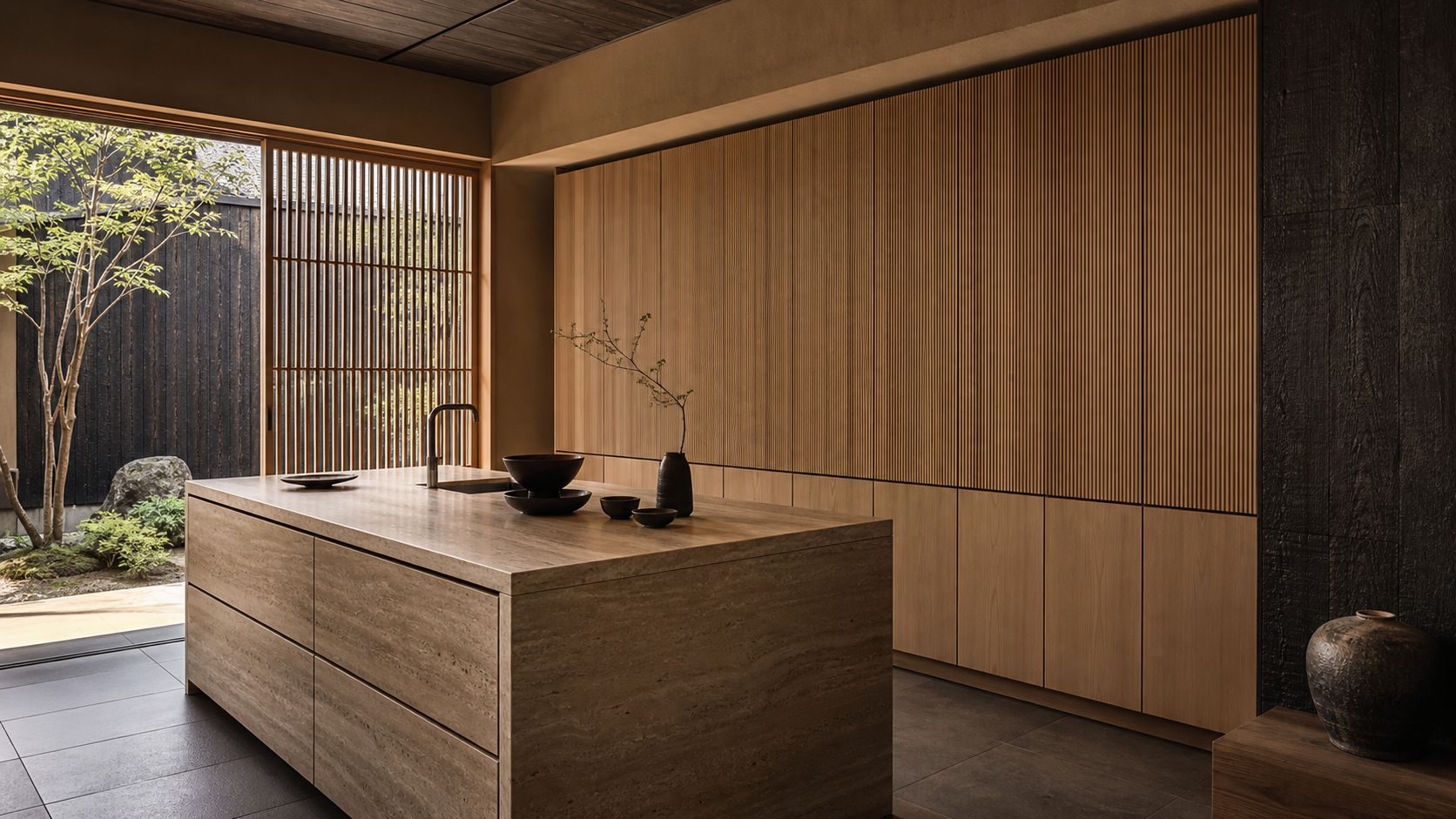 Fadior Riviera Kitchen Suite with Reeded Pantry Lift Bay — lifestyle setting with natural light and residential styling