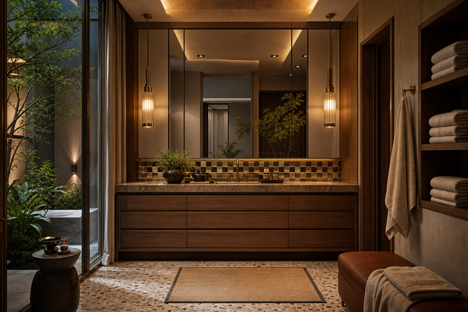 Fadior Riyadh Garden Courtyard Villa — vanity counter, mirror wall, cabinet base, stone floor