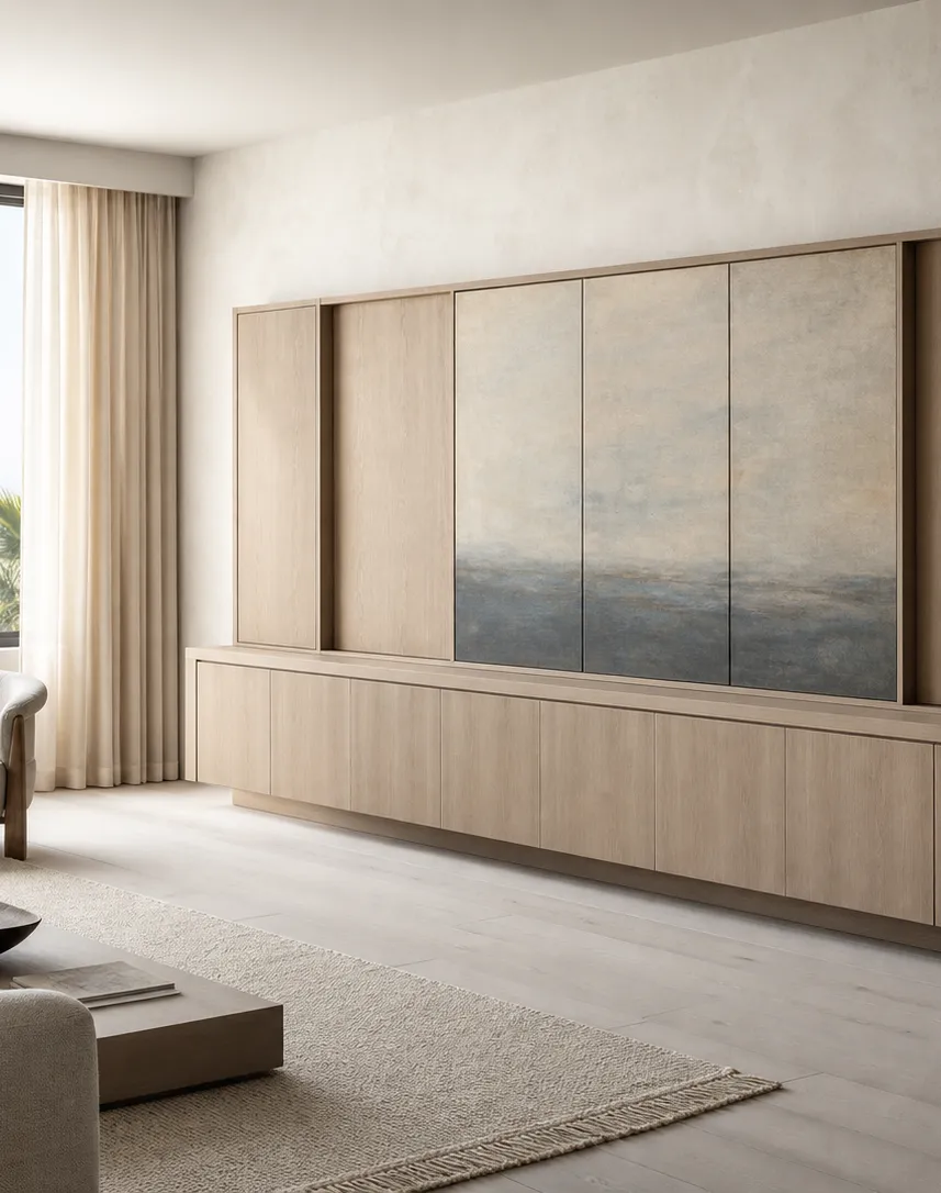 Suite de Salón Patina con Cómoda de Puerta Corredera Artística perspectiva interior