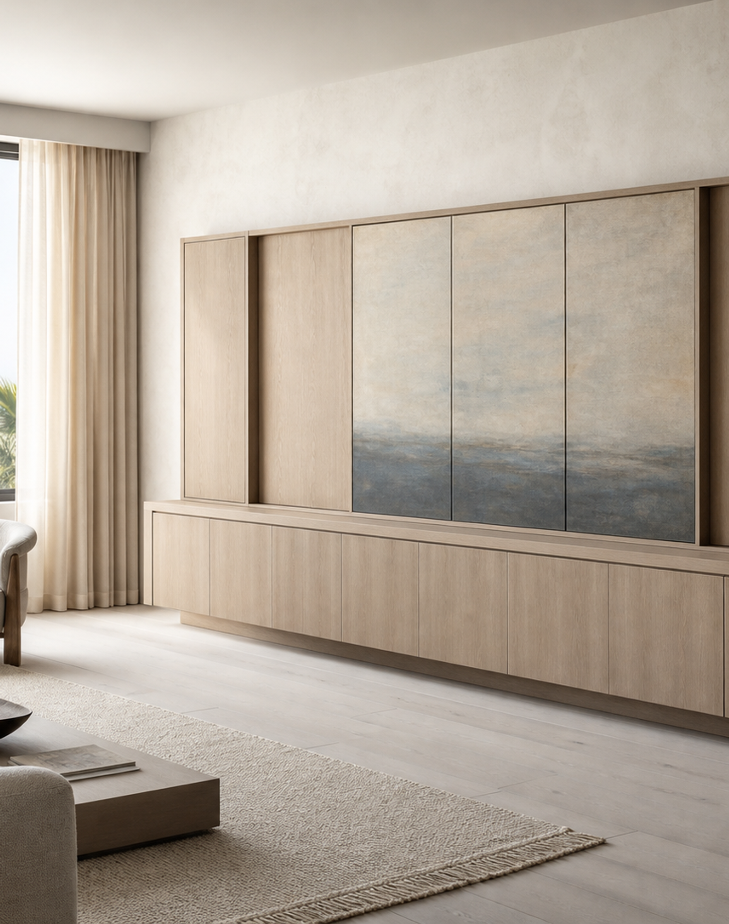Suite de Salón Patina con Cómoda de Puerta Corredera Artística perspectiva interior