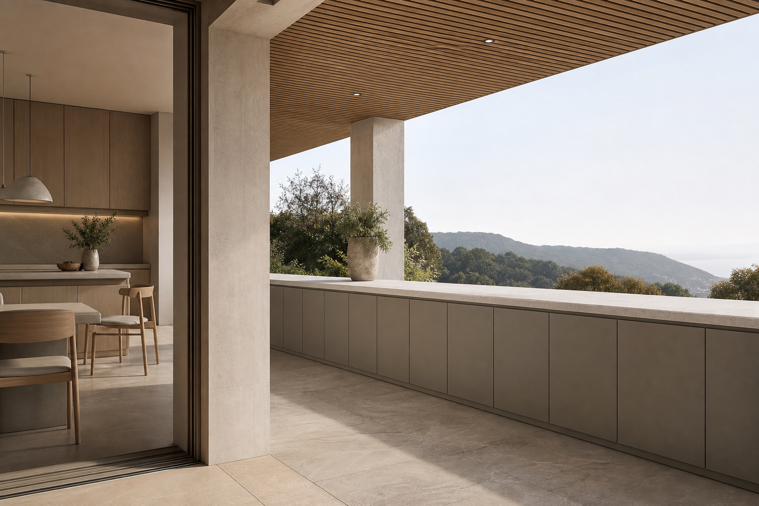 Fadior Aurora Balcony Suite with Porcelain Parapet Console — interior room context showing cabinet integration