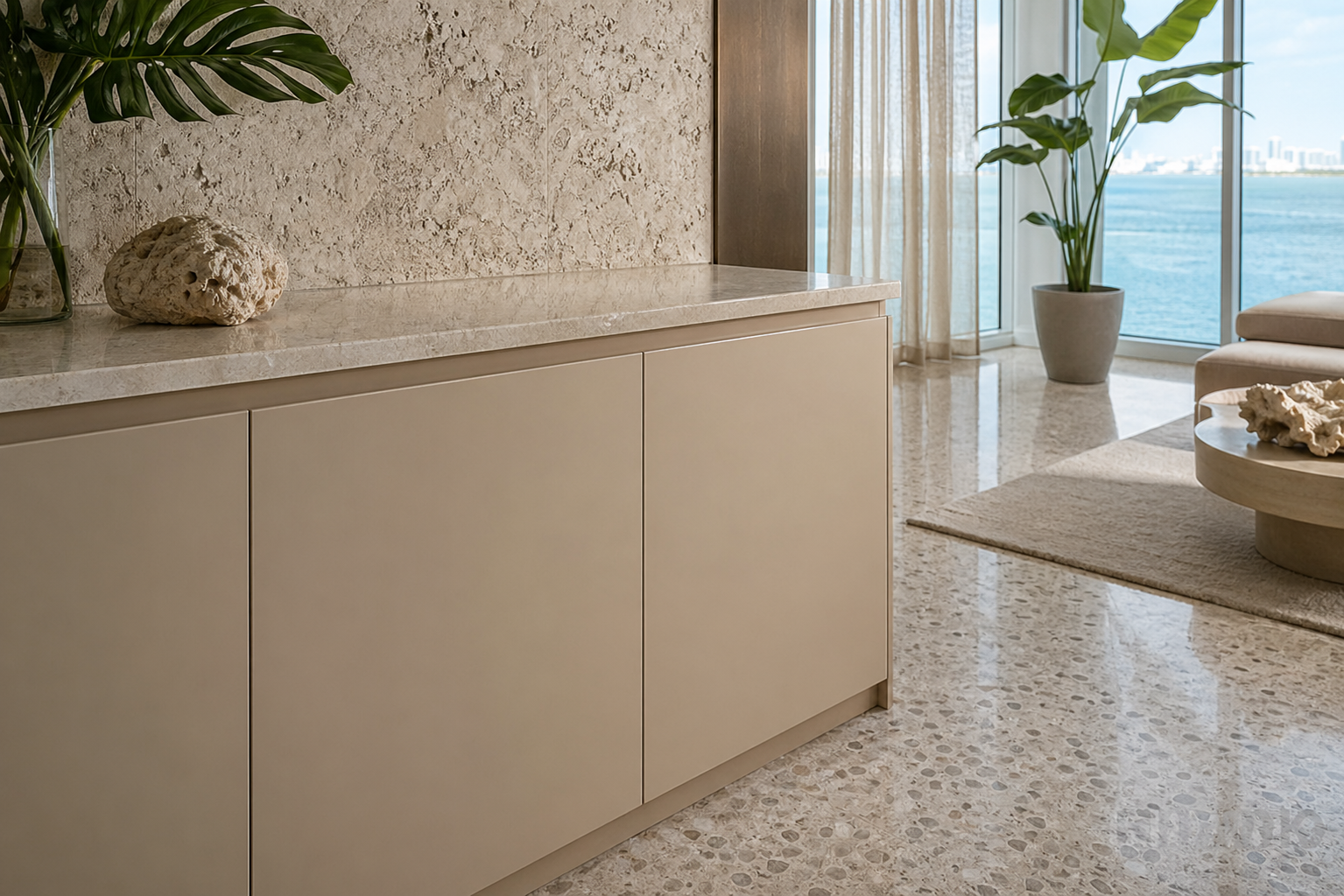 Fadior Miami Compact Residence — cabinet front, stone counter, terrazzo floor, bay window