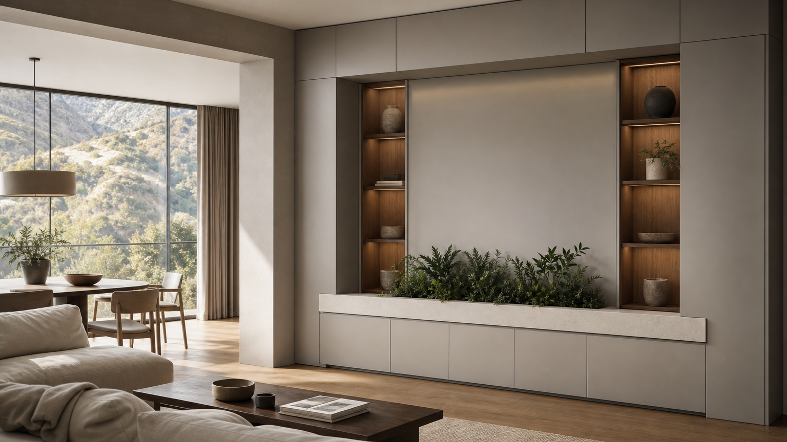 Suite Zenith para salón con nicho de medios y jardinera de patio estudio de adaptación
