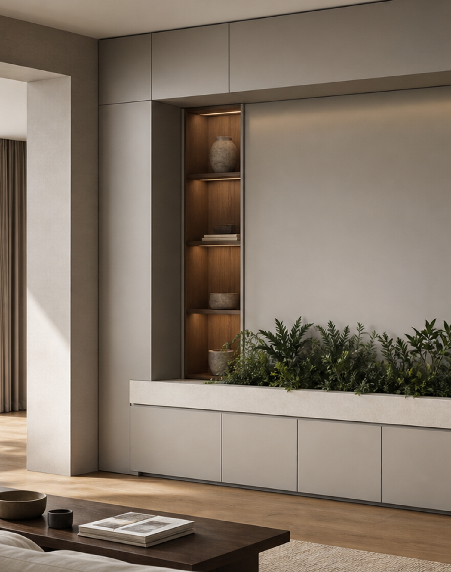 Suite Zenith para salón con nicho de medios y jardinera de patio estudio de adaptación