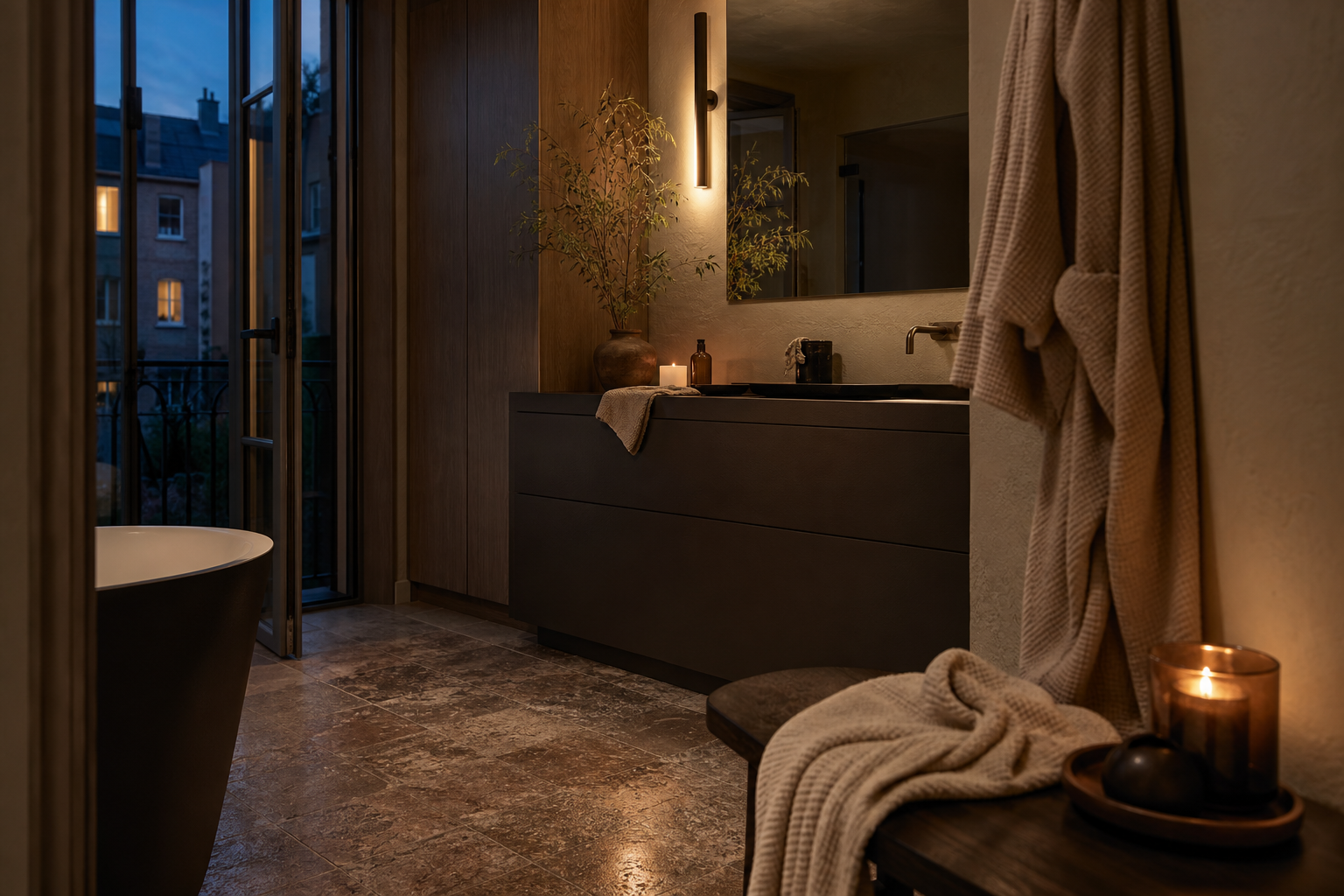 Residential bathroom context with espresso matte vanity, smoked oak storage, and evening calm.