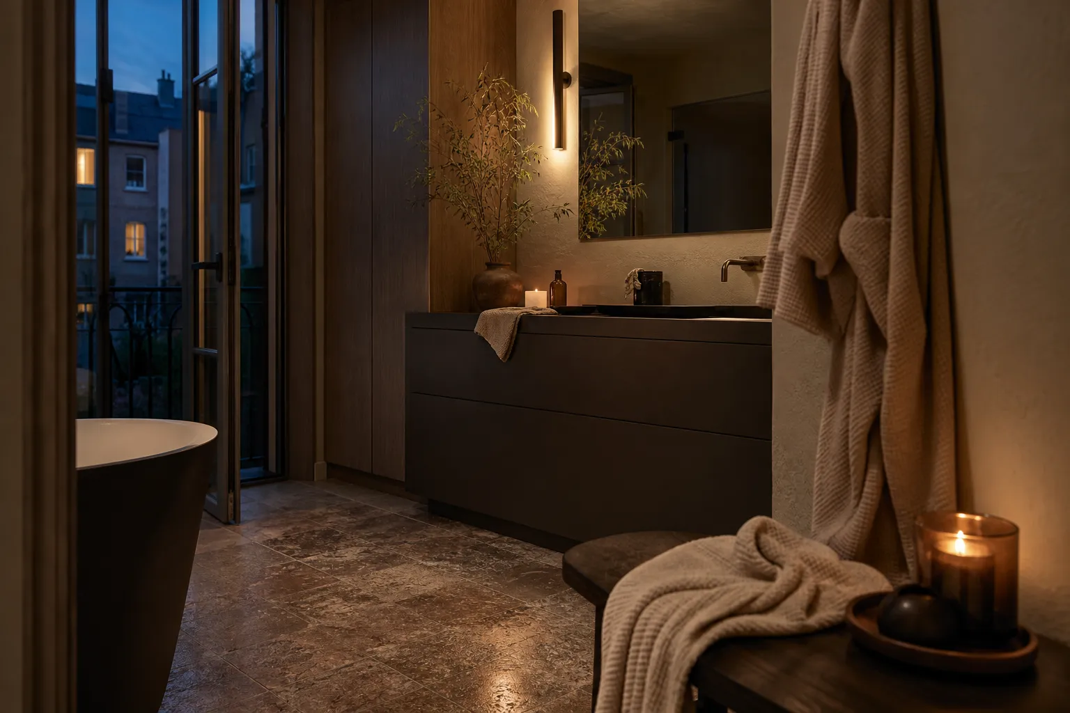 Residential bathroom context with espresso matte vanity, smoked oak storage, and evening calm.