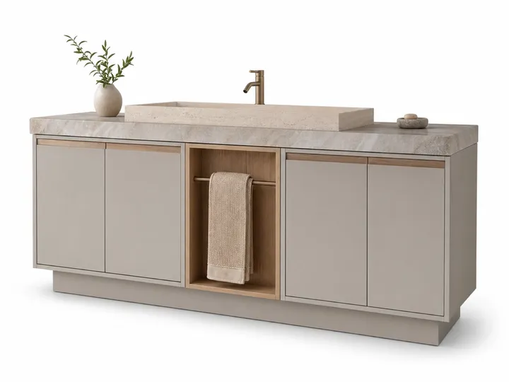 Fadior Nacre Bath and Vanity Suite with Linen Niche Towel Bridge — 304 stainless steel bath and vanity system, front view