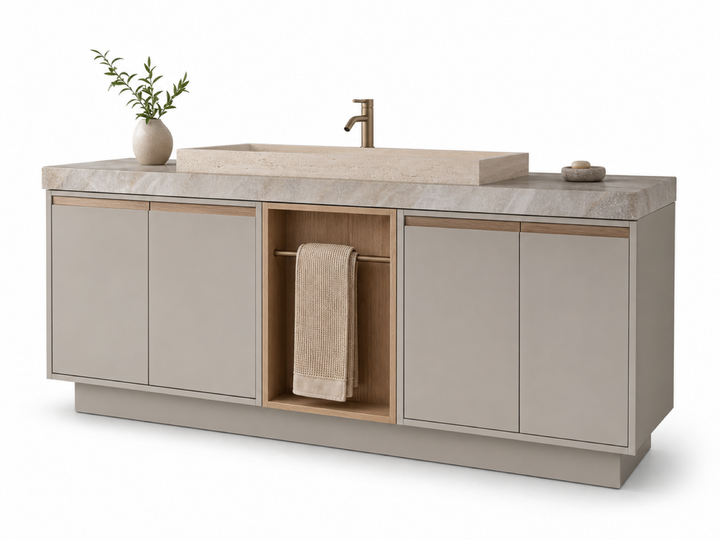 Fadior Nacre Bath and Vanity Suite with Linen Niche Towel Bridge — 304 stainless steel bath and vanity system, front view