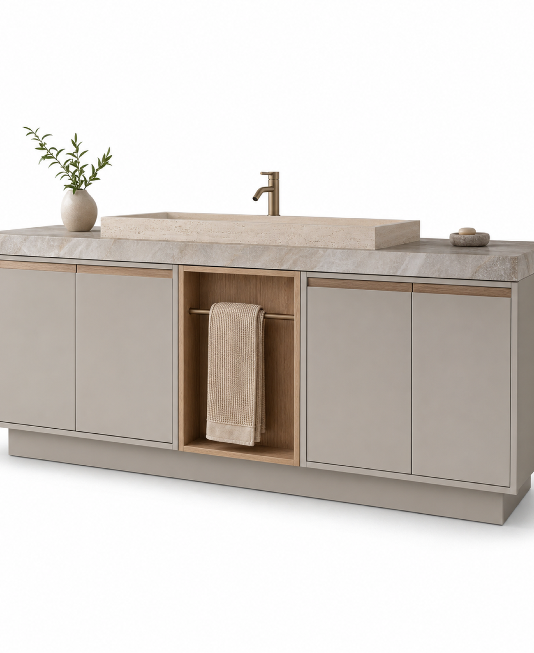 Fadior Nacre Bath and Vanity Suite with Linen Niche Towel Bridge — 304 stainless steel bath and vanity system, front view