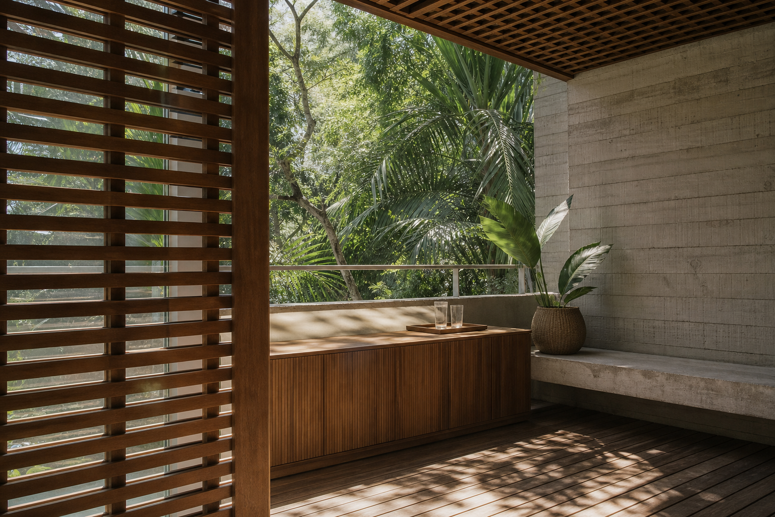 Fadior Cannes Balcony Suite with Sunveil Aperitif Credenza — lifestyle setting with natural light and residential styling