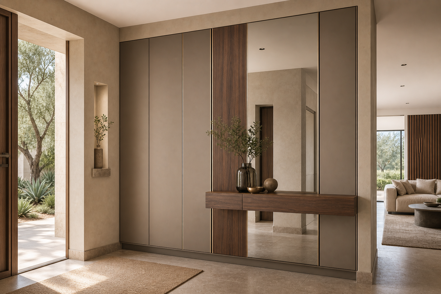 Fadior Loggia Entryway Suite with Gallery Arrival Wall — lifestyle setting with natural light and residential styling