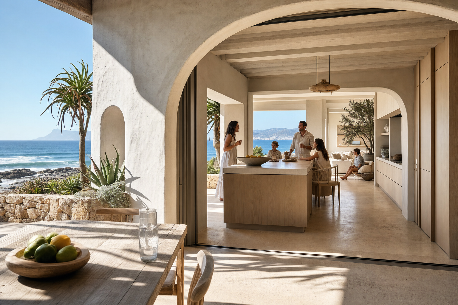 Fadior Cape Town 600 sqm Kitchen Villa — terrace table, kitchen island, palm, ocean horizon, stone planter