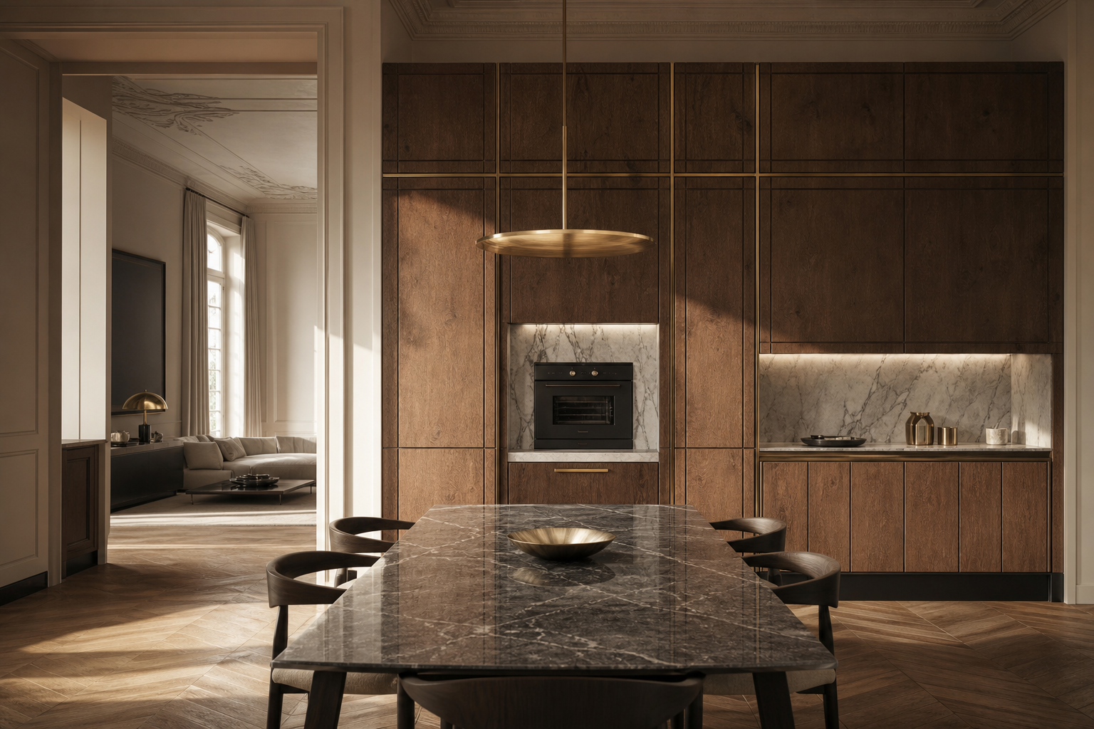 Fadior Terrazzo Wall Panel Suite with Artisan Oven Service Frieze — interior room context showing cabinet integration