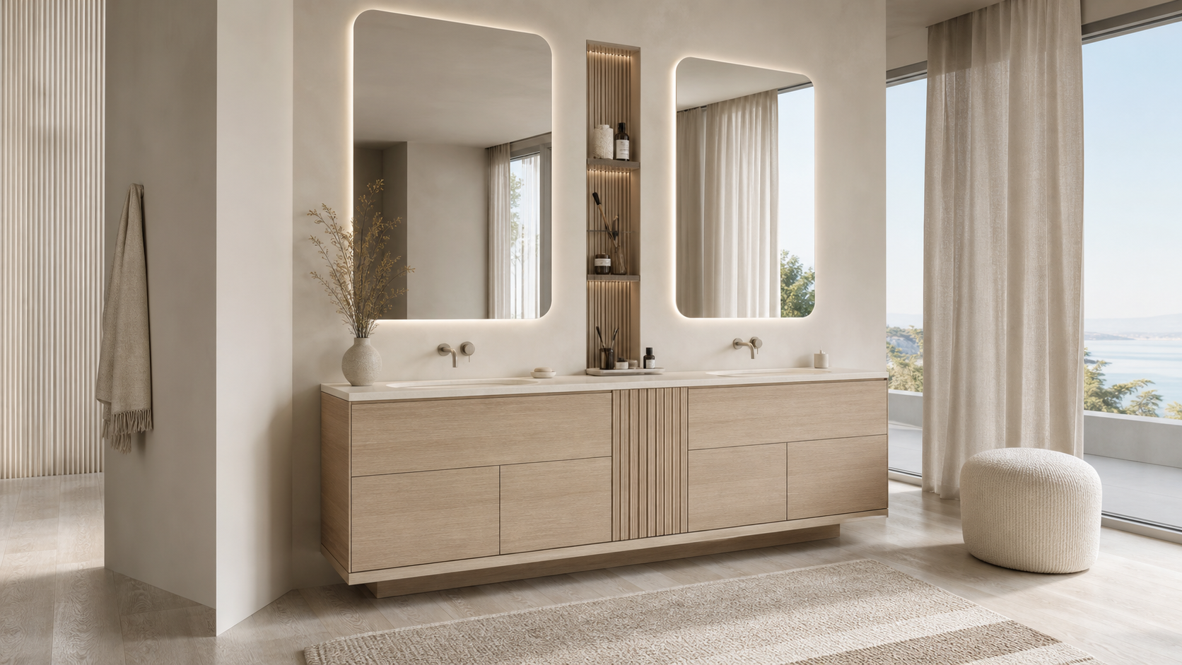 Fadior Verve Bath and Vanity Suite with Pearl Slot Grooming Arcade — lifestyle setting with natural light and residential