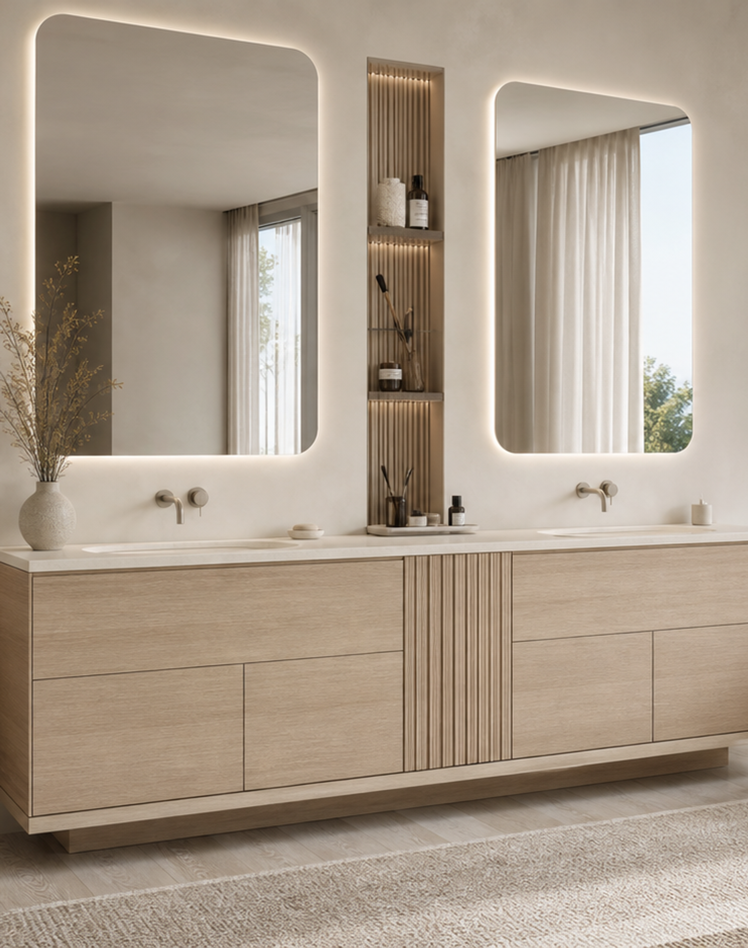 Fadior Verve Bath and Vanity Suite with Pearl Slot Grooming Arcade — lifestyle setting with natural light and residential