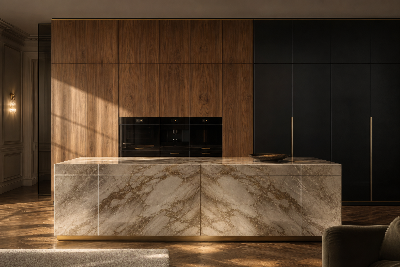 Fadior Meridian Kitchen Suite with Flush Hearth Appliance Run — close-up of stainless steel finish and hardware detail