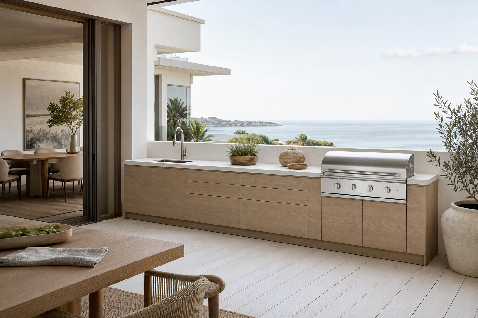 Fadior Vantage Outdoor Kitchen Suite with Deep Basin Terrace Ledge — lifestyle setting with natural light and residential