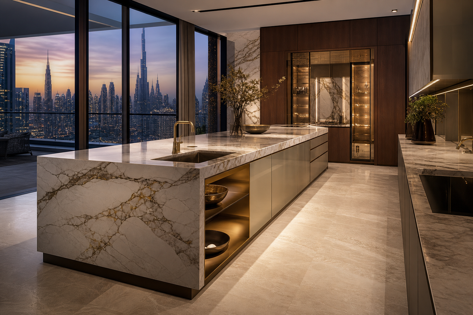 Fadior Dubai 250 sqm Kitchen Penthouse — Dubai kitchen workspace with marble island, sink, cabinet wall, skyline window, terrace threshold, travertine floor, and warm lighting