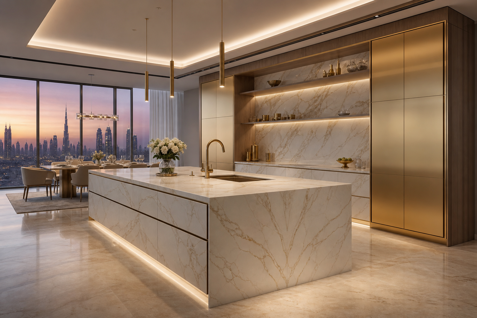 Fadior Pavilion Champagne Marble Island Kitchen — lifestyle setting with natural light and residential styling