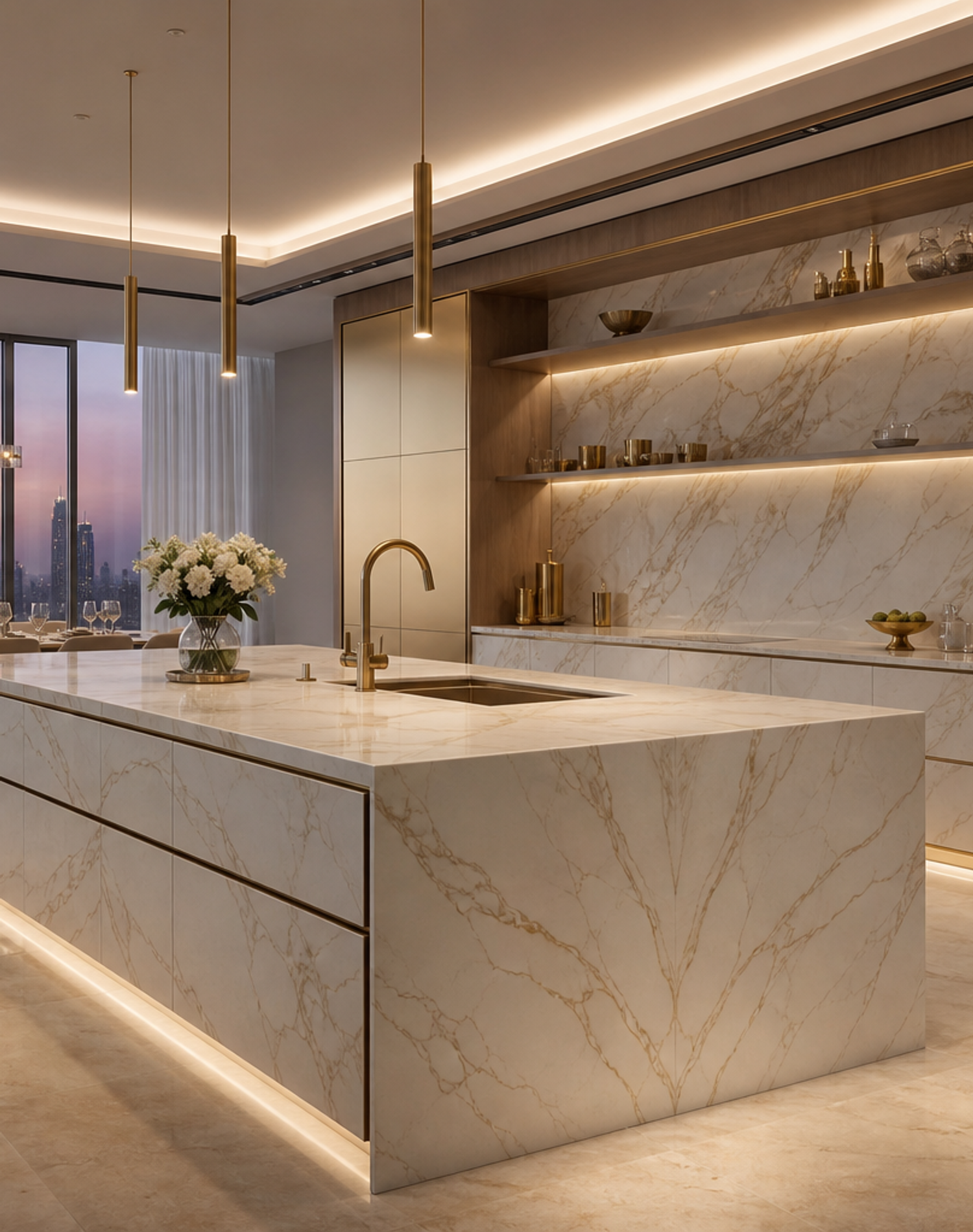 Fadior Pavilion Champagne Marble Island Kitchen — lifestyle setting with natural light and residential styling