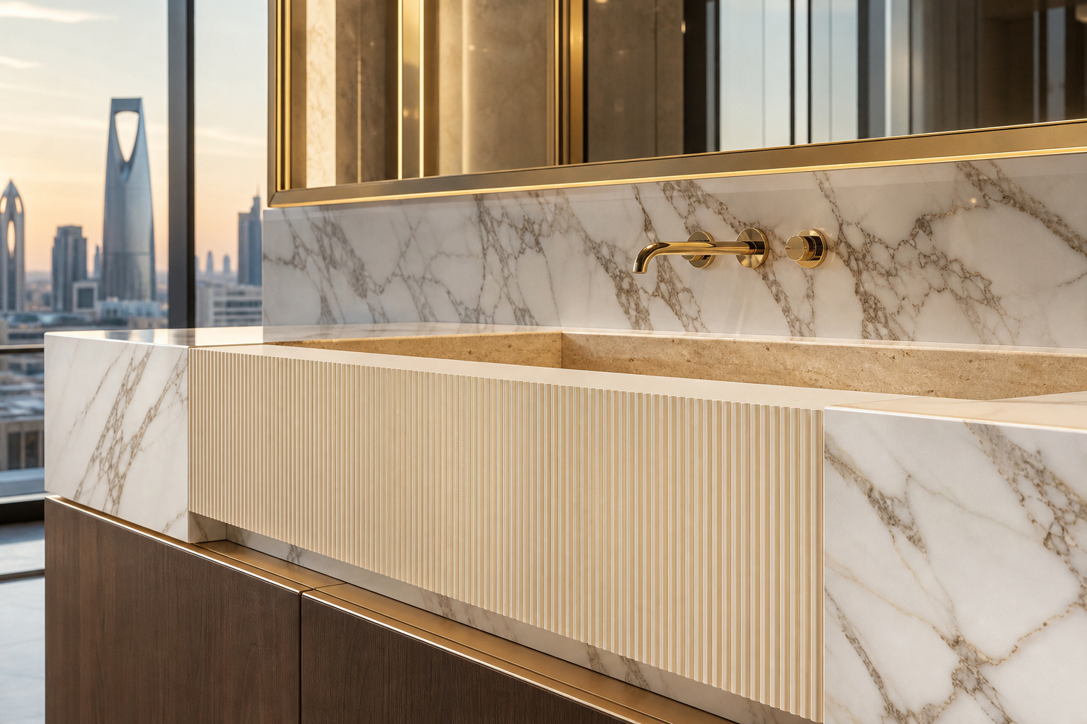 Fadior Solstice Bath and Vanity Suite with Parchment Basin Apron — close-up of stainless steel finish and hardware detail