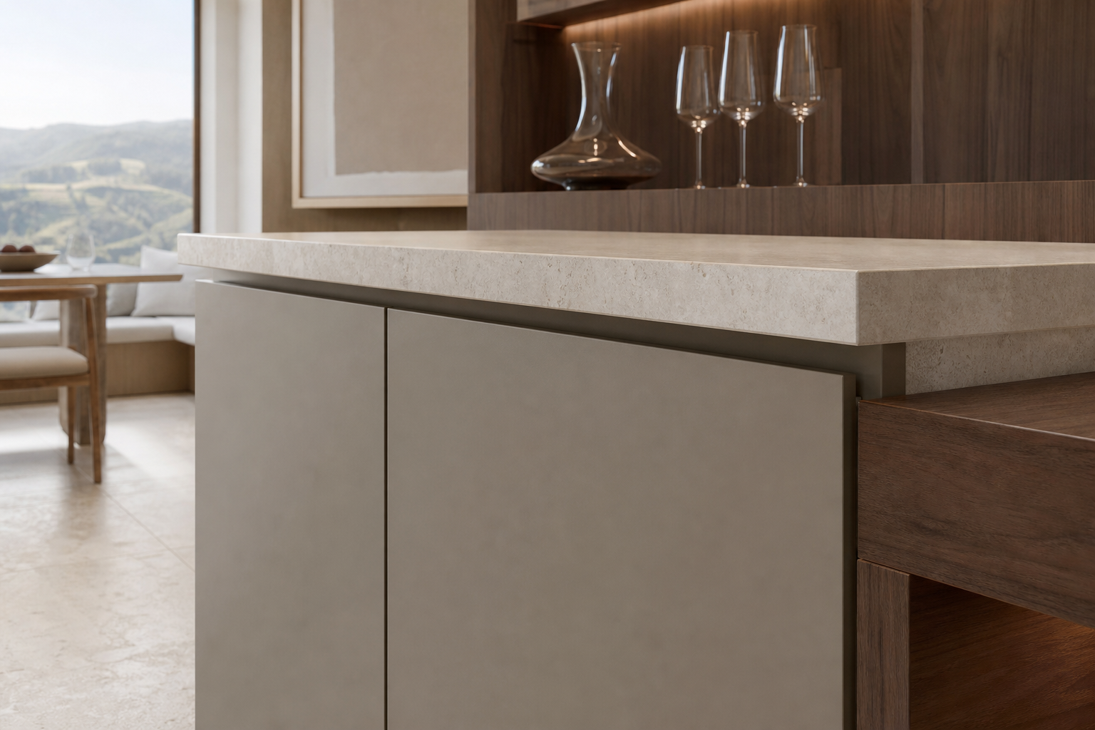 Fadior Estuary Wine Cabinet Suite with Floating Tasting Credenza — close-up of stainless steel finish and hardware detail