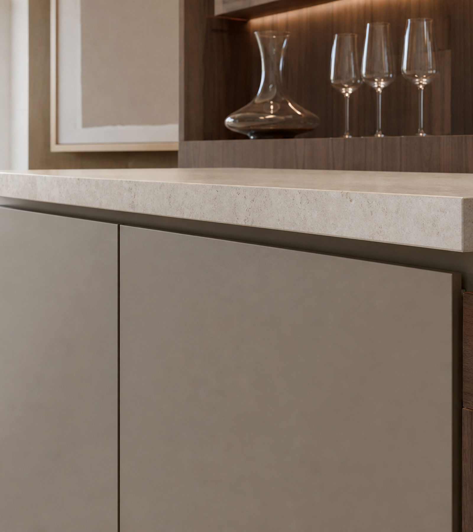 Fadior Estuary Wine Cabinet Suite with Floating Tasting Credenza — close-up of stainless steel finish and hardware detail