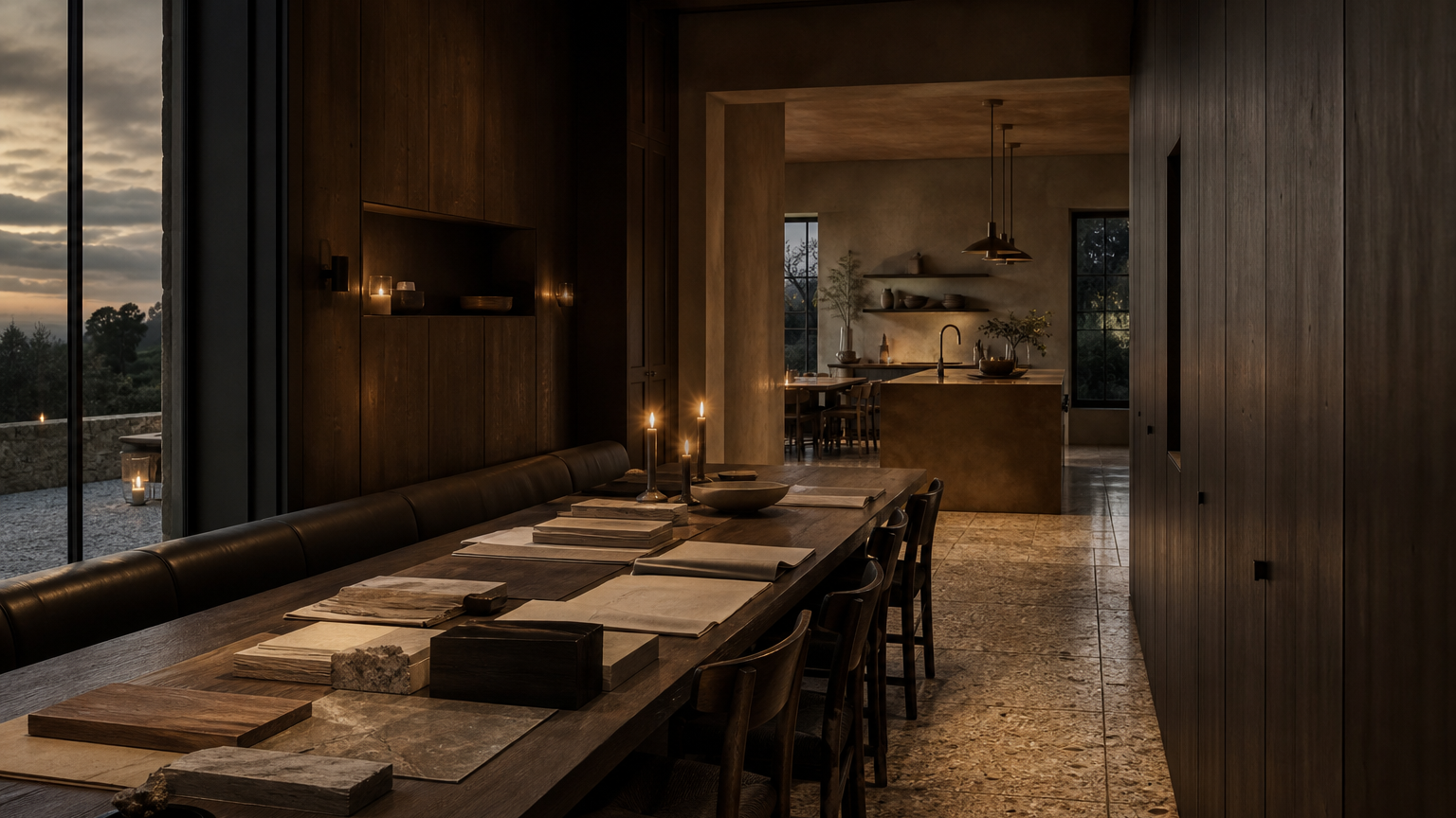 Atmosphere view: dark wood kitchen planning room with approval samples for a renovation scope buffer.