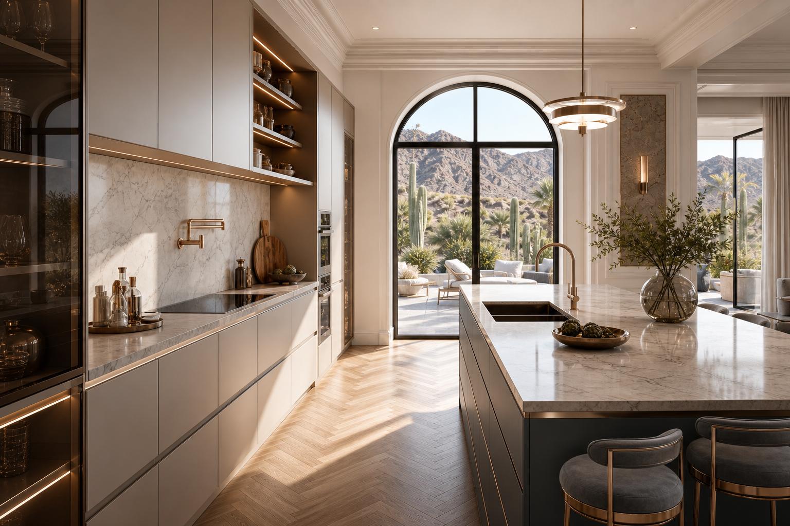 Fadior Las Vegas 200 sqm Kitchen Villa - marble counter, sink, cabinet wall, desert window