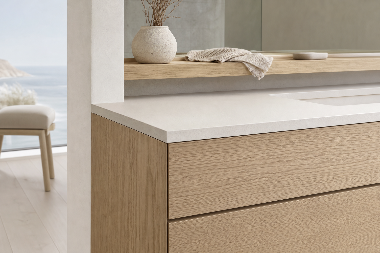 Fadior Ethereal Bath and Vanity Suite with FSC Oak Care Shelf — close-up of stainless steel finish and hardware detail