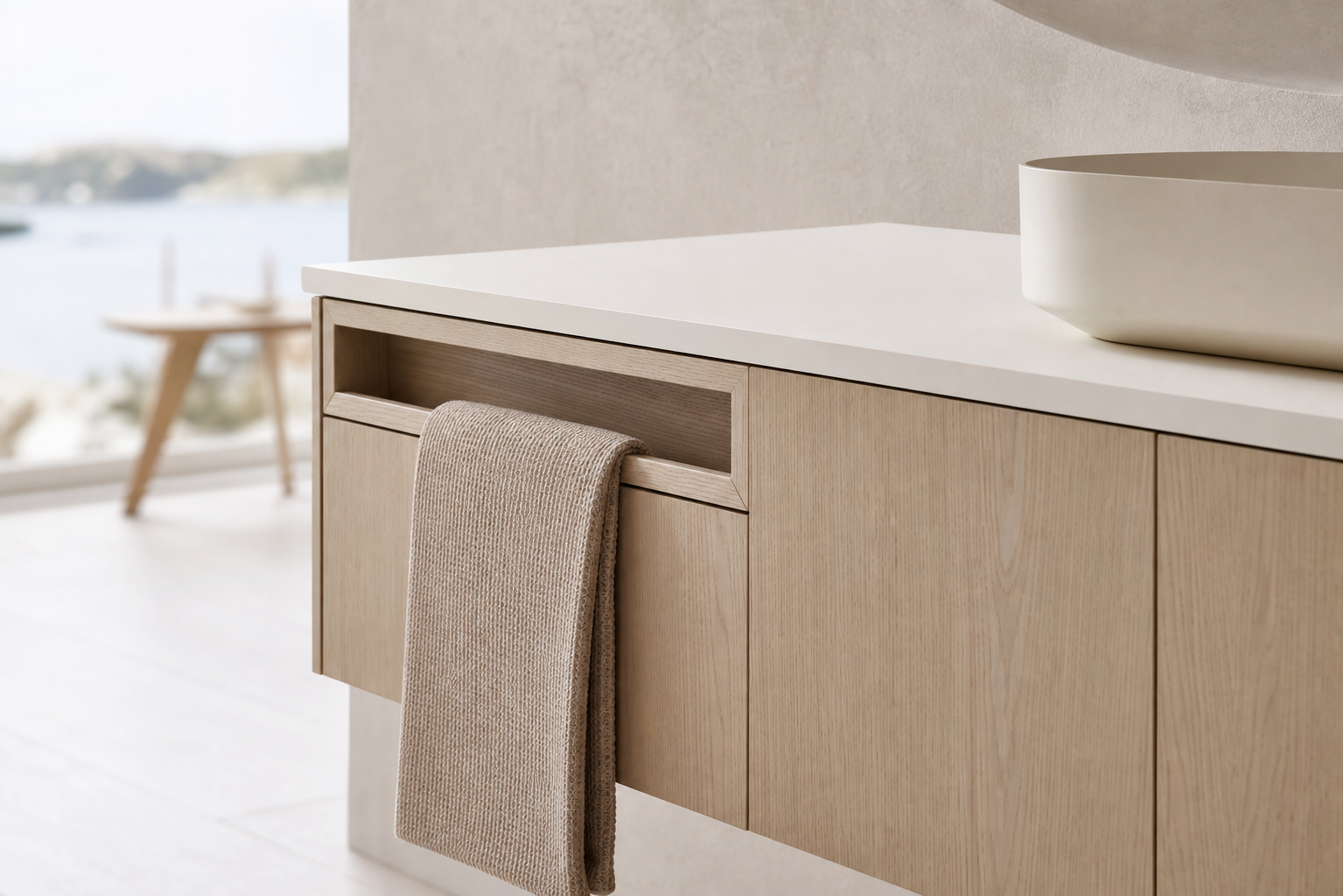 Fadior Voyage Bath Vanity Suite with Floating Towel Rail Vanity — close-up of stainless steel finish and hardware detail