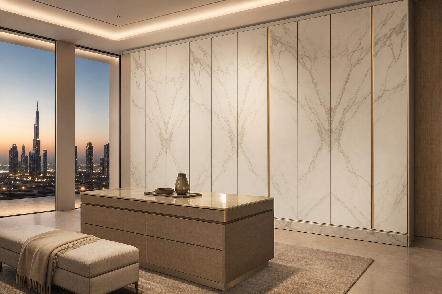 Fadior Canopy Marble Plinth Wardrobe Wall — lifestyle setting with natural light and residential styling