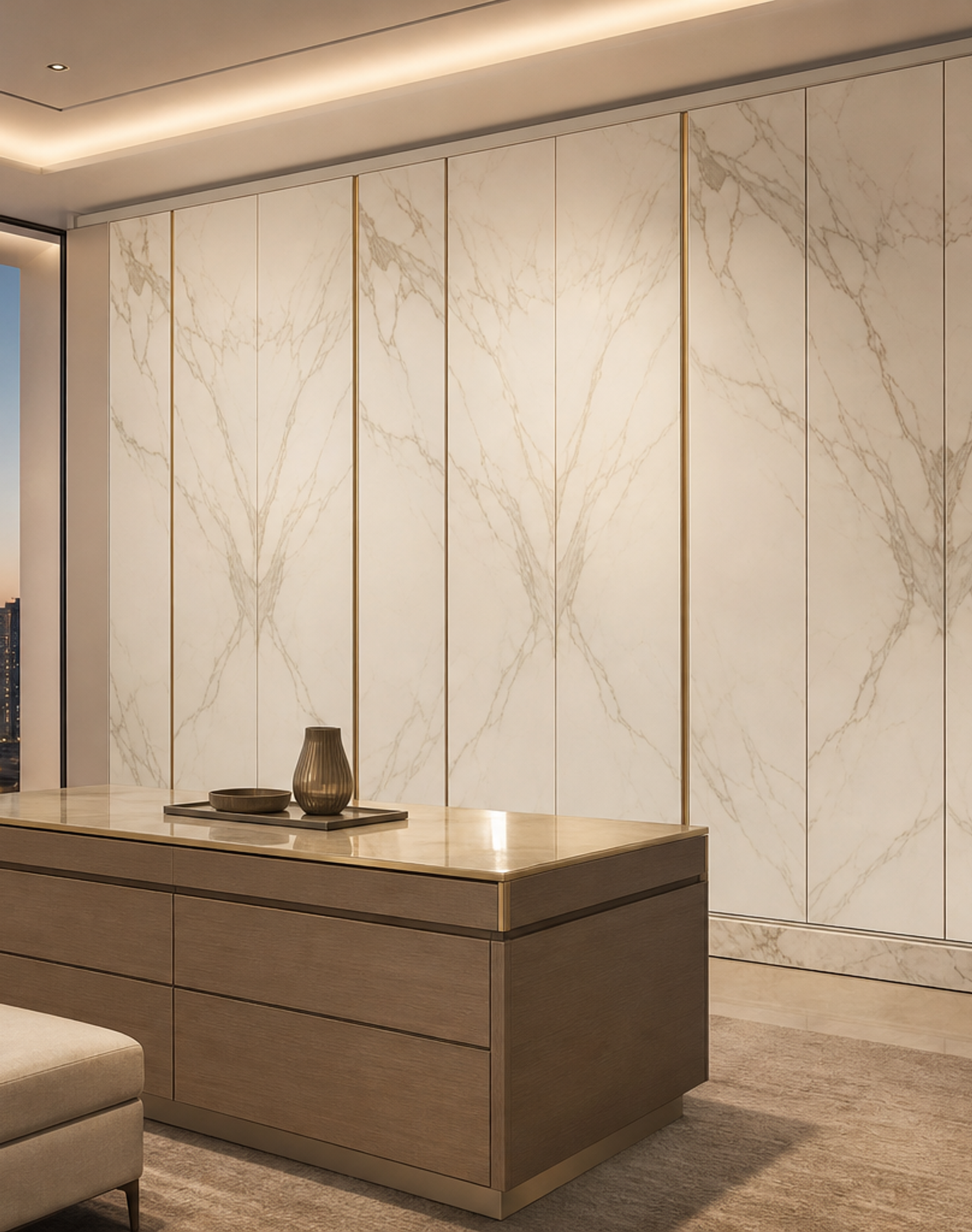 Fadior Canopy Marble Plinth Wardrobe Wall — lifestyle setting with natural light and residential styling