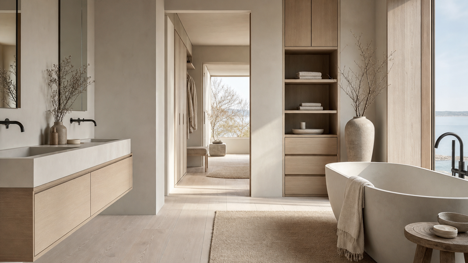 Hero atmosphere: airy bathroom retreat suite with blond ash storage and bathing zone under soft daylight.