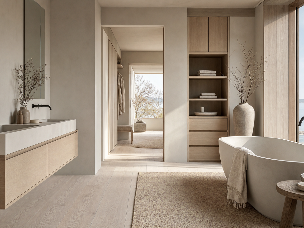 Hero atmosphere: airy bathroom retreat suite with blond ash storage and bathing zone under soft daylight. — 304 stainless steel cabinetry editorial by Fadior