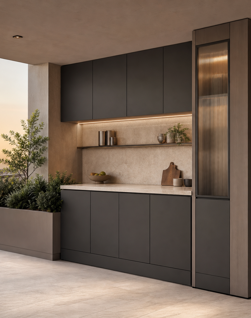 Fadior Dusk Balcony Suite with Breeze Pantry Niche — interior room context showing cabinet integration
