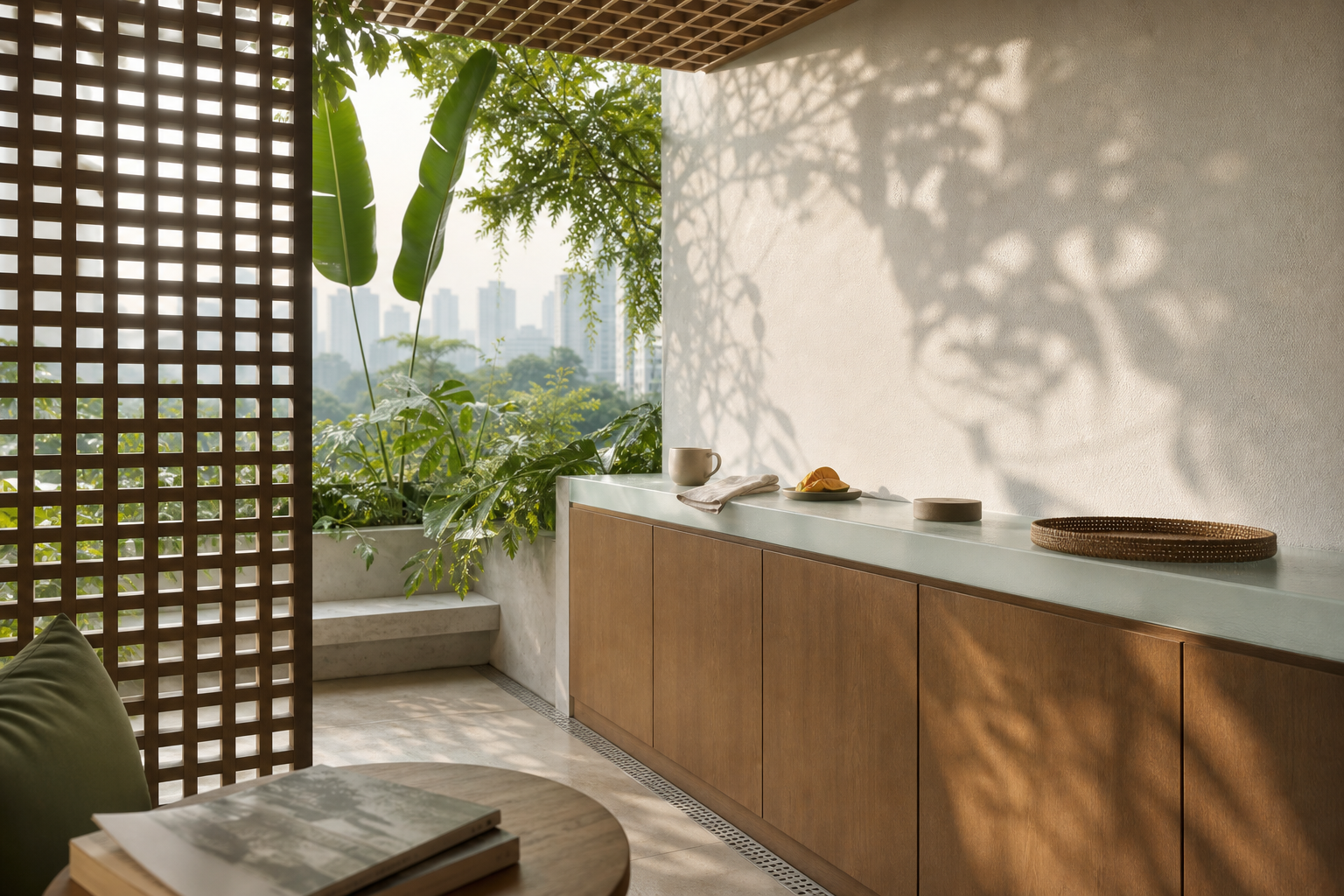 Fadior Aurora Mist Glass Breakfast Ledge — lifestyle setting with natural light and residential styling