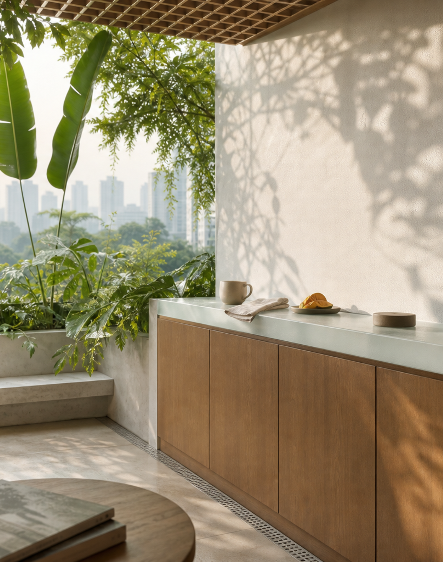 Fadior Aurora Mist Glass Breakfast Ledge — lifestyle setting with natural light and residential styling