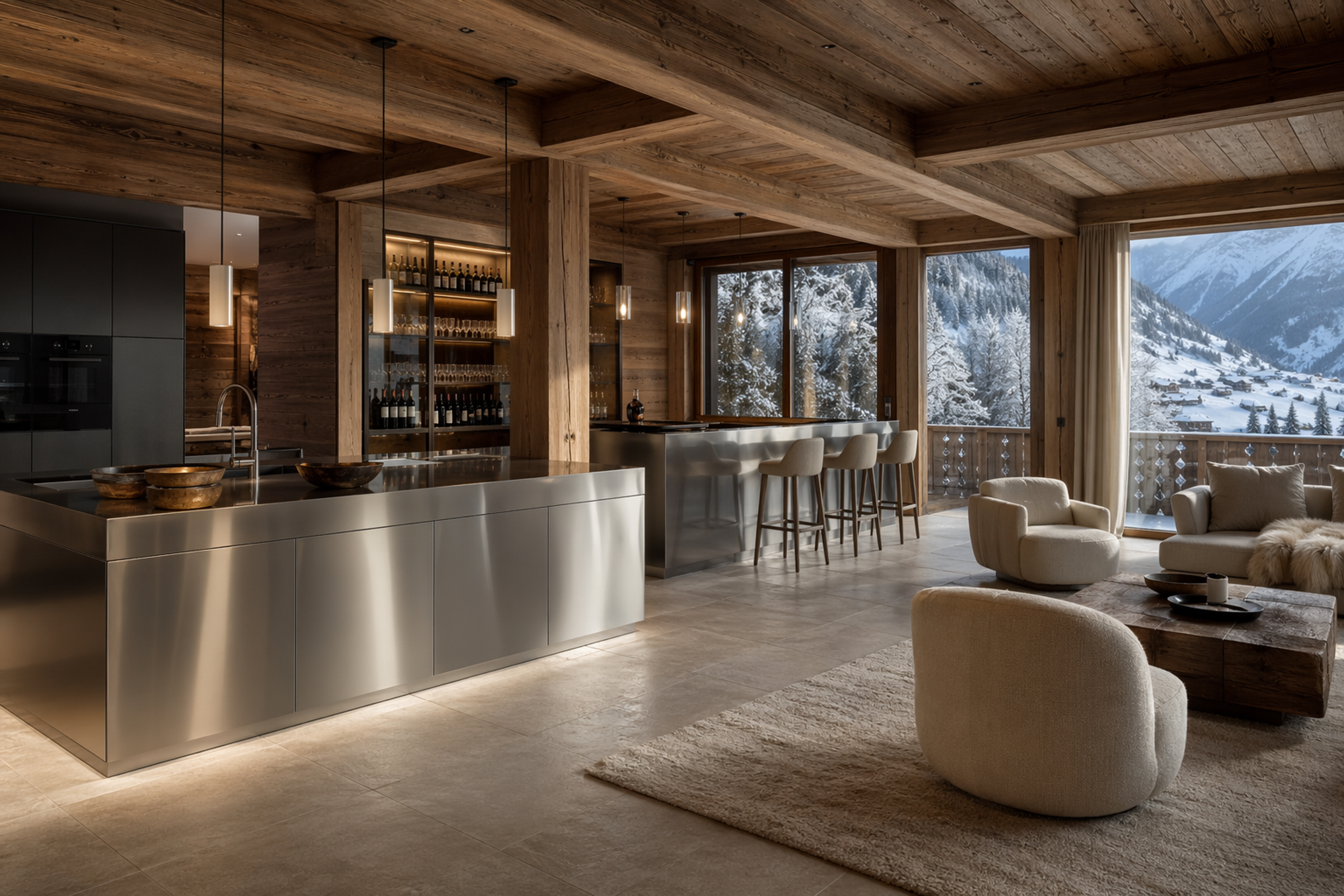Swiss Alpine Lodge — 304 stainless steel kitchen in a warm wooden chalet interior