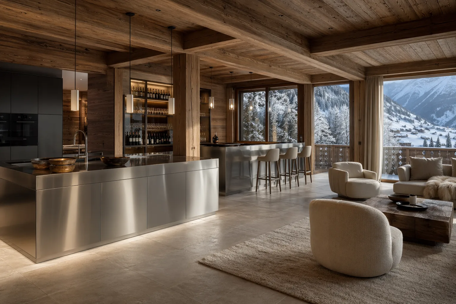 Swiss Alpine Lodge — 304 stainless steel kitchen in a warm wooden chalet interior
