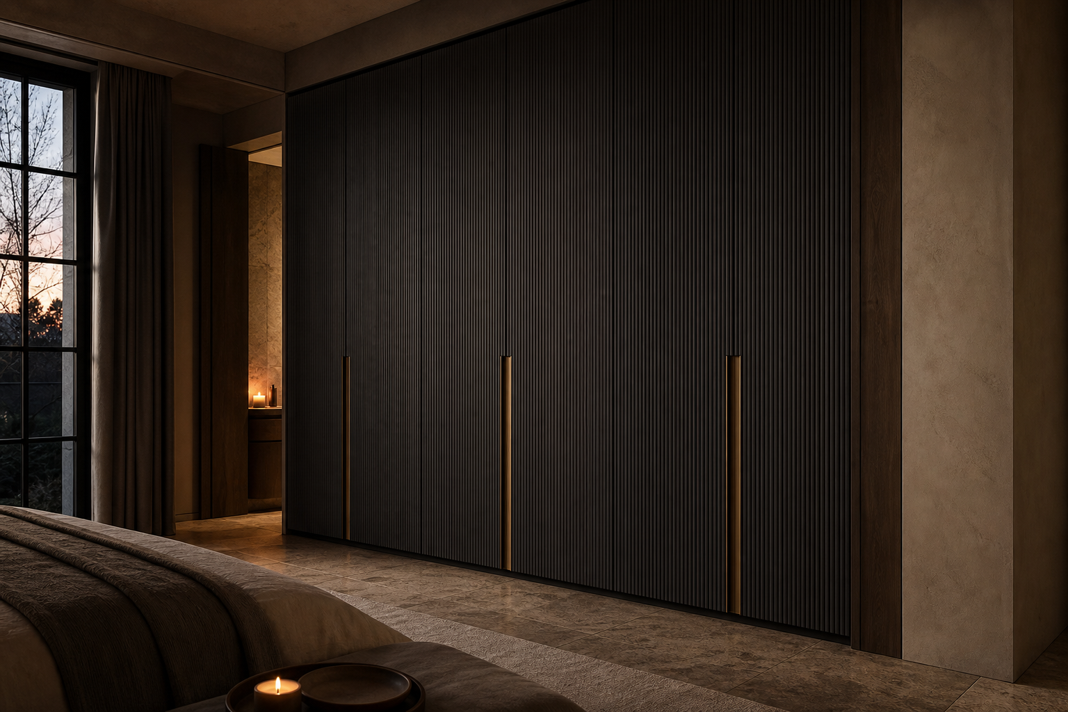 Fadior Onyx Wardrobe Suite with Charcoal Reeded Sleep Wall — lifestyle setting with natural light and residential styling