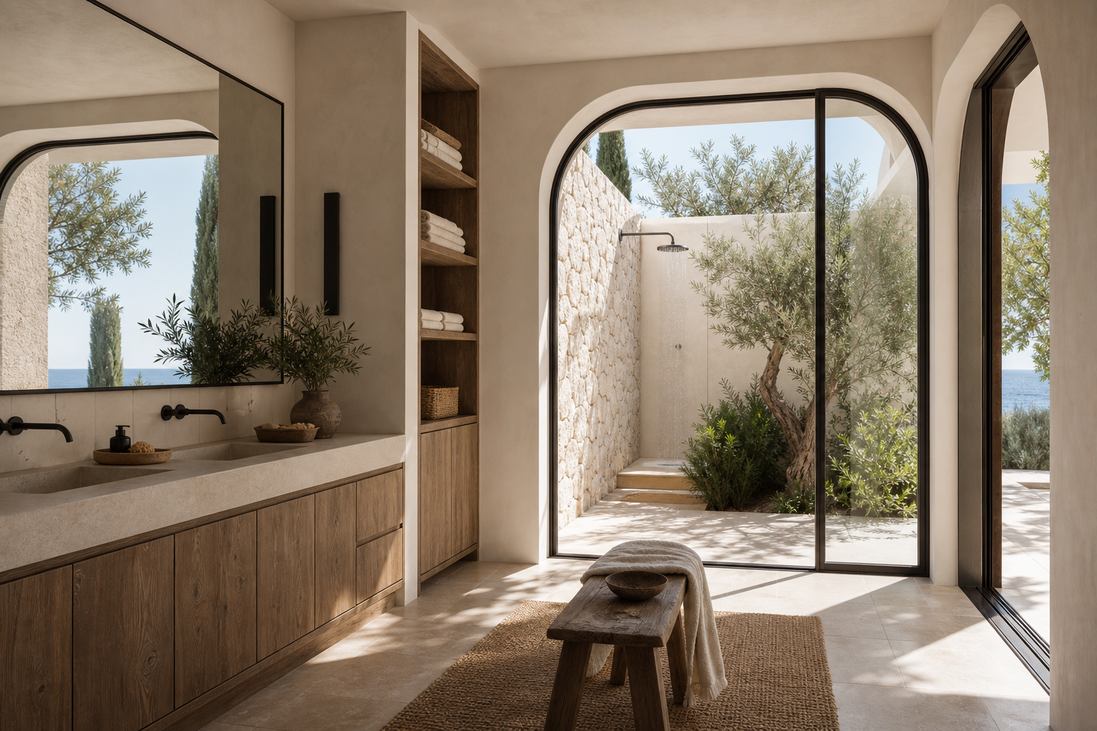 Fadior Marbella 400 sqm Kitchen Villa — vanity counter, mirror wall, linen shelf, courtyard shower