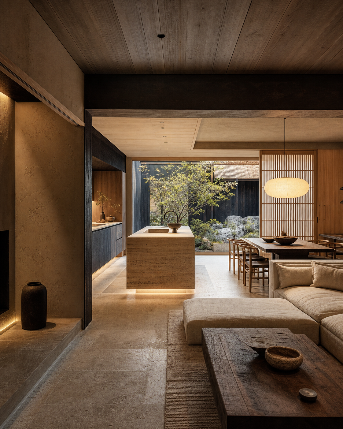 Fadior Osaka 650 sqm Kitchen Villa - island, sofa, dining table, wood lattice