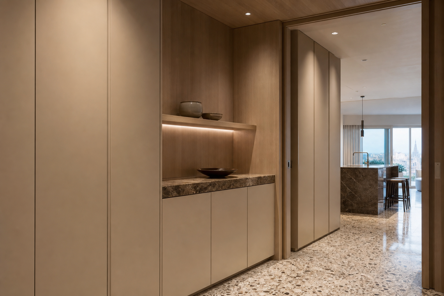 Fadior The Italian Lineage: How EuroCucina Defines the Global Luxury Kitchen Project — pantry cabinets, walnut panels, stone ledge, ceramic bowls, terrazzo floor, kitchen doorway